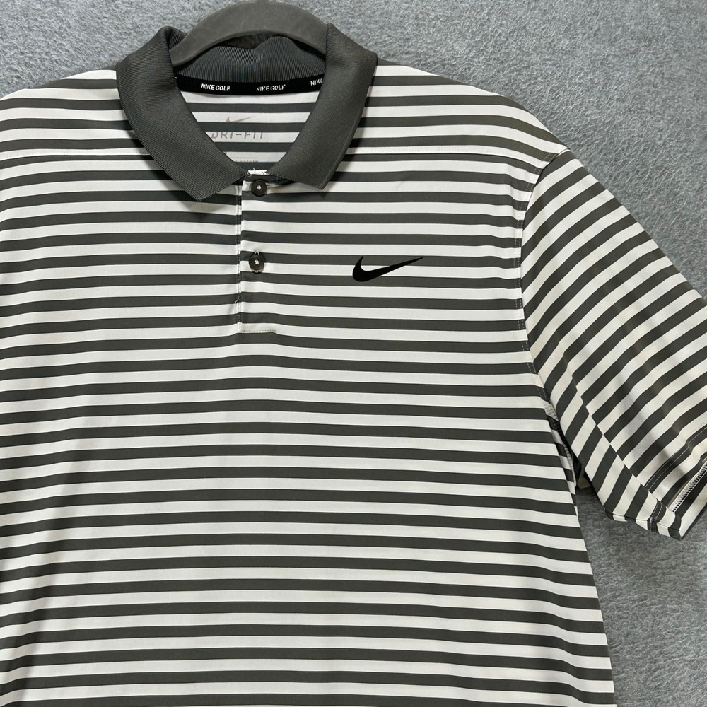 Nike Golf Polo Dri-FIT Mens L Grey White Striped Athletic Preppy